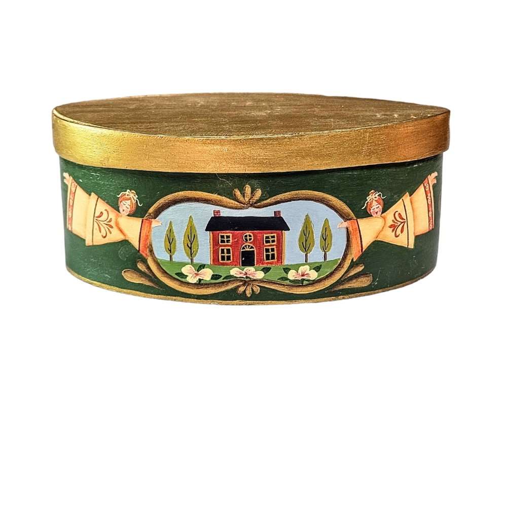 Vintage Primitive Tole Hand Painted Wooden Trinket Box 8x3.5x6.5 in